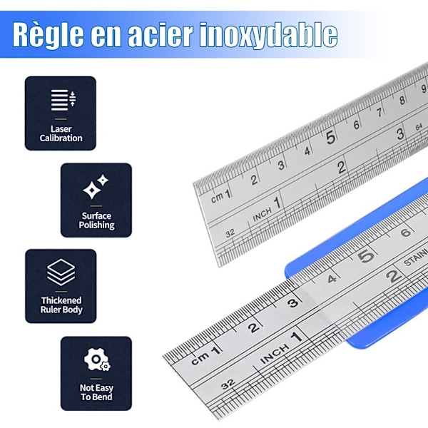 Sæt af rustfrit stål lineal 15cm 20cm 30cm, dobbeltsidet metrisk og imperial lineal præcisionsmålelineal til undervisning i tekniktegning