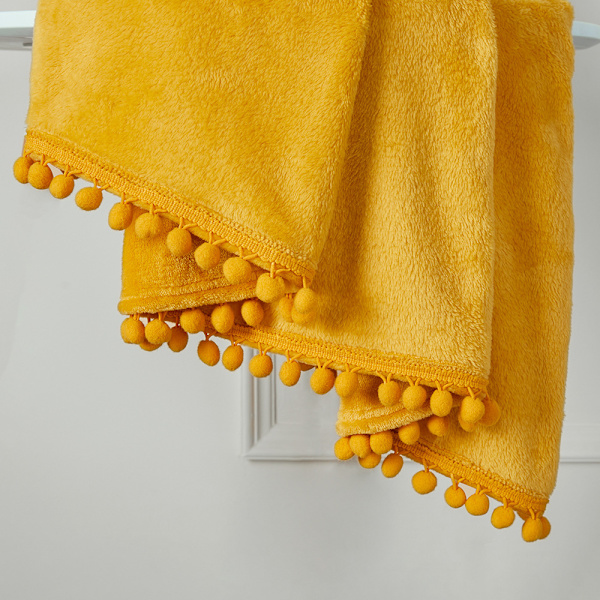 Plyschfilt Tjock Fluffig Mjuk Varm Päls med Pompom Dekorativ för Säng Soffa Sovrum Balkong Resa Babyfilt 127X152CM Gul