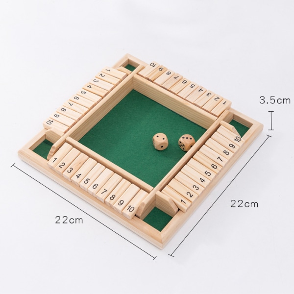 4-vägs Shut The Box Tärningsspel (2-4 spelare) för barn + vuxna [4-sidig stor träbräda, 2 tärningar + Shut-The-Box-regler] Smart spel för att lära sig siffror, strategi + riskhantering