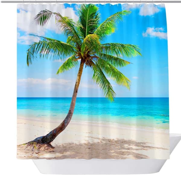 Strand Palm Duschdraperi Badrum Sommar Sol Strand Blå Hav, Fab