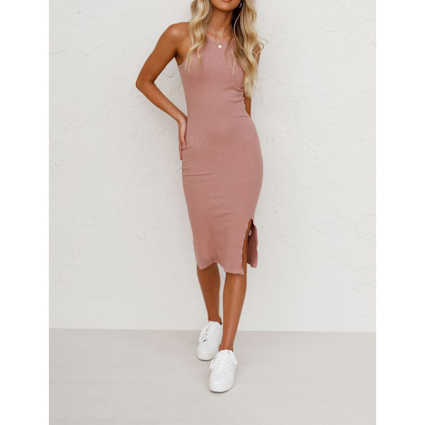 Kvinners sommer midi bodycon kjoler casual crew neck side split-L