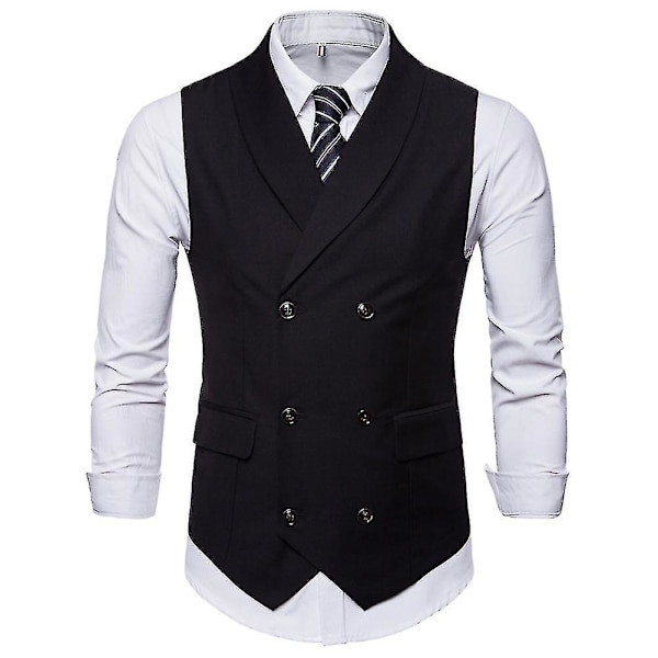 Allthemen Herre Business Formelle Ensfarvet Revers Dobbelt-breasted Slim Vest，Sort
