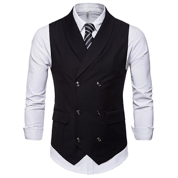 Allthemen Mens Business Formal Solid Color Lapel Double-breasted Slim Vest，Black