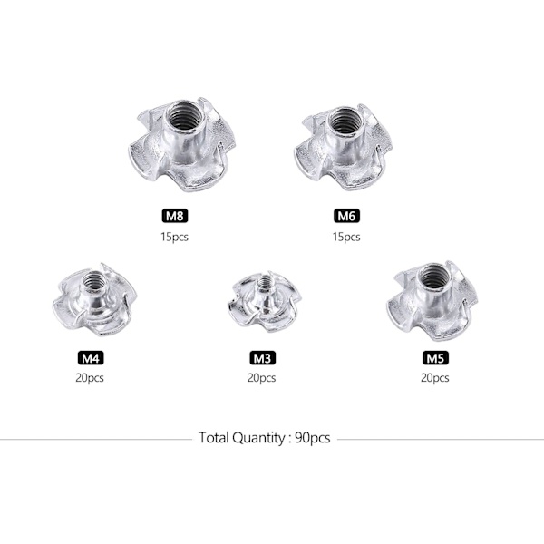 90 kpl 4-kynsi T-mutteria, hiiliterästä T-mutterit, M3/M4/M5/M6/M8, huonekalut