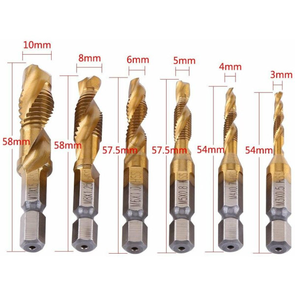 Sett med 6 gjengetapper, metrisk M3-M10 gjenger med HSS titanbelegg og 1/4\" heks