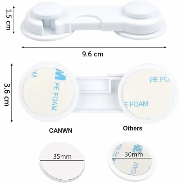 12 stk. Baby Sikkerhetslåser, Barnelåser, Multifunksjonsskuff, Skap, Kjøleskap, Ingen Verktøy eller Boring Kreves, Hvit 95 x 36 mm