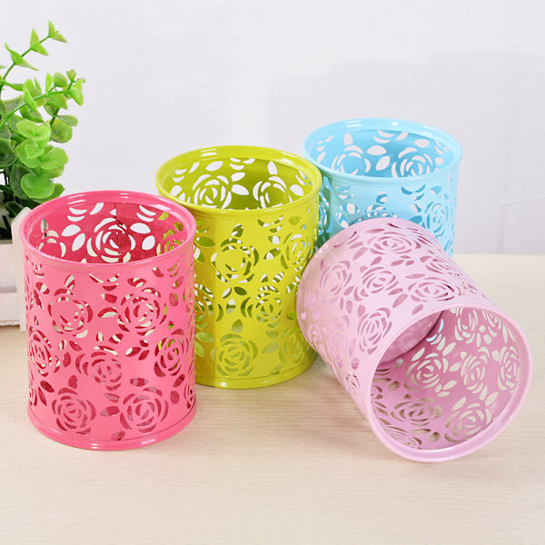 Metallros blomma ihålig penna penna behållare smink kosmetika borstar hållare arrangör (rosa)