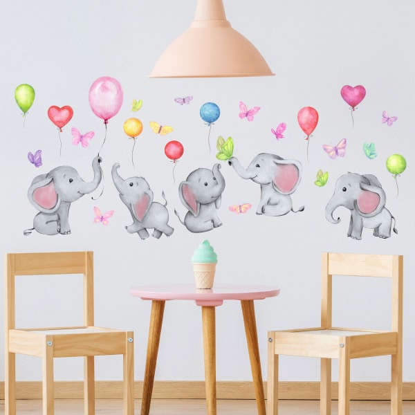 En uppsättning söta elefanter ballonger fjärilar väggdekaler självhäftande väggdekor för vardagsrum, sovrum, kök, badrum