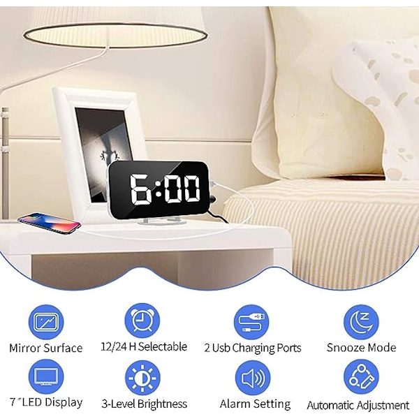 Digital väckarklocka, 7\" LED-spegel elektroniska klockor, med 2 USB-laddningsportar, snooze-läge, automatisk justering av ljusstyrka, moderna skrivbordsväggklockor för sovrum vardagsrum kontor - Vit