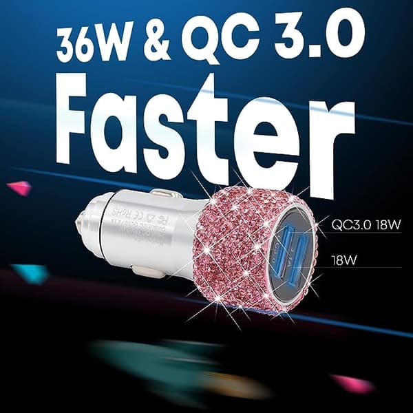 Bling Dual USB Billader for Bil Rask Lading 3.0 Krystall Bildekorasjon