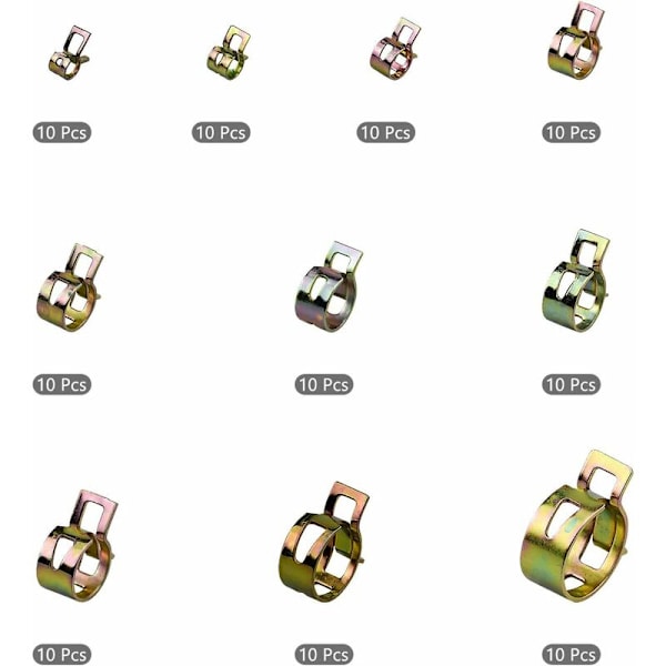 100-pack slangklämma, 6-22 mm bensinslangklämmor fjäder slangklämma klämmor justerbar klämma för fixering av slang och slang