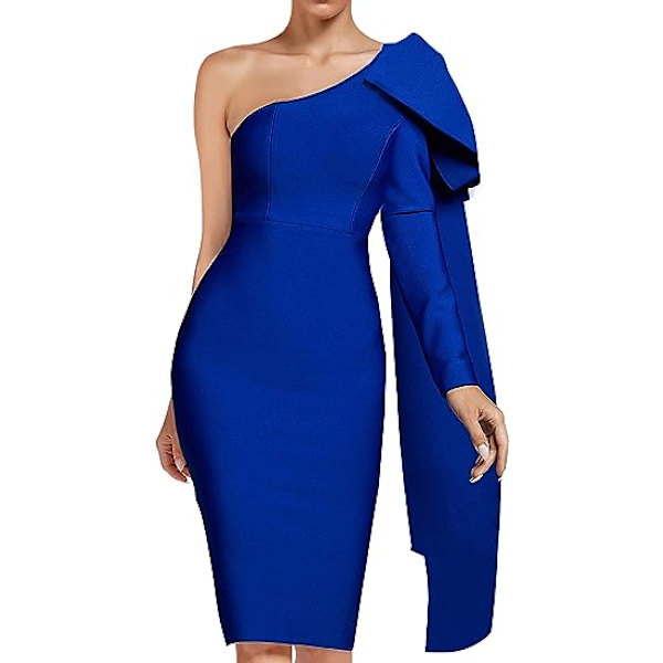 Damklänning med en axel, rosett, lång ärm, bodycon, knälång, klubb