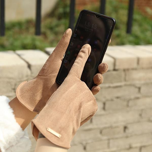 1 PAR KHAKI Dame Vinter Lammeskind Ruskind Handsker Touch Screen Tynde Kasmir Varme Luffer
