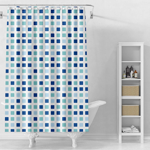 Mildew Proof Bruseforhæng Antibakteriel Vandtæt Uigennemsigtig Bruseforhæng (Grønne Blå Firkanter) 150x180 Bruseforhæng