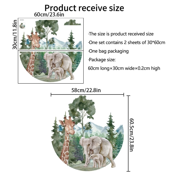 Et sett med elefanter, sjiraffer, trær og fjell veggklistremerke, veggklistremerke