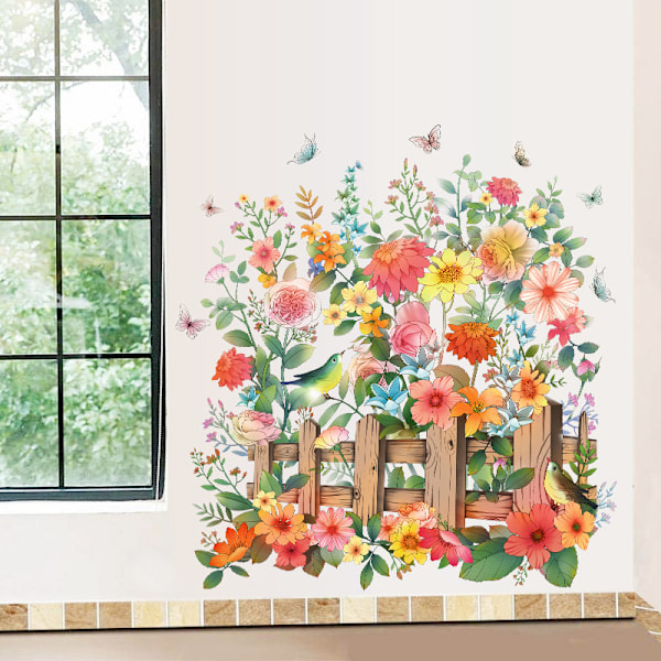 Blomväggdekaler Staket Färgglada Blommor Fjäril Väggdekaler för Sovrum Vardagsrum Kök Dekoration