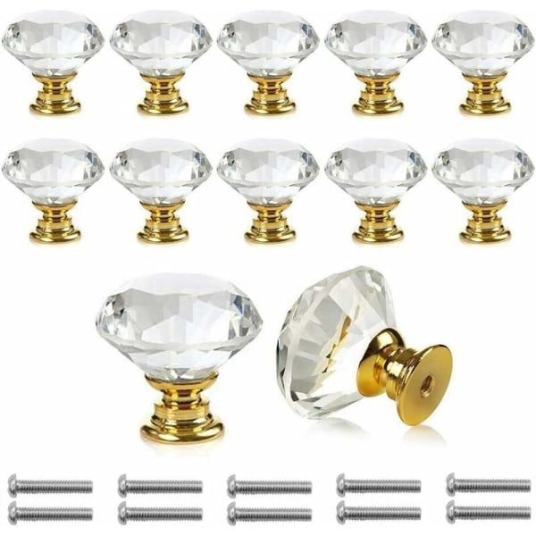 10 stycken Dörrknoppar Handtag Transparent Diamond Kristallglasdörrar Skåp Låda Skåp dekoration med skruvar (30 mm) (guld)