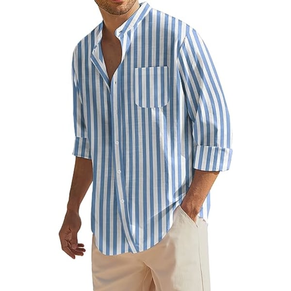 Långärmad bomullslinneskjorta för män Beach Button Down-skjortor Cas