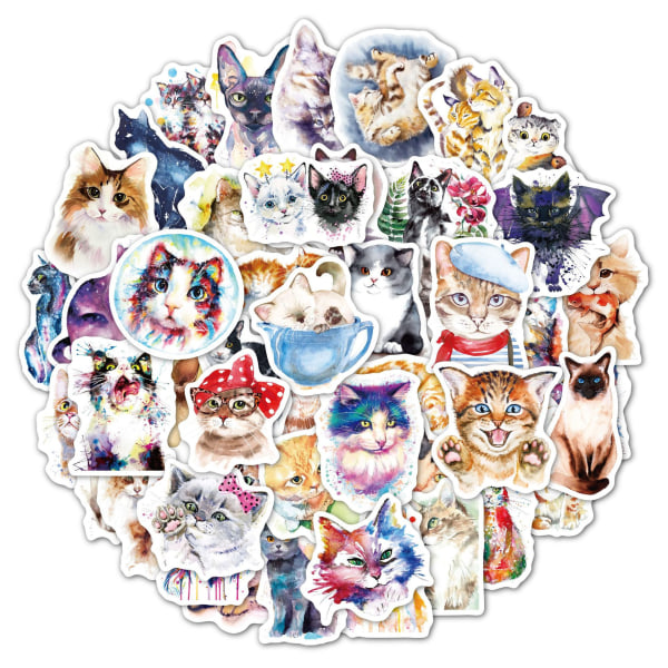 100 STK Kawaii Watercolor Cat Stickers Pack, Søt Vanntett Vinyl Animal Sticke