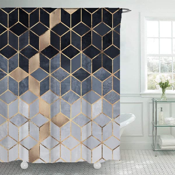 Marmor Duschdraperi Abstrakt Geometrisk Rutnät Kubiska Guldlinjer Mo