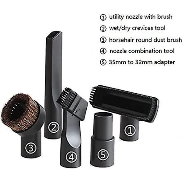 5-pakkaus 32 mm:n pölynimurin lisävarusteet, rako- ja suulakeharja 32 mm:llä