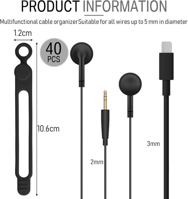 40 Silikone Kabelbindere Genanvendelige Kabelclips Justerbar Kabelopbevaring Multifunktionel Opladerledning Organizer til Kabelfiksering (Sort)