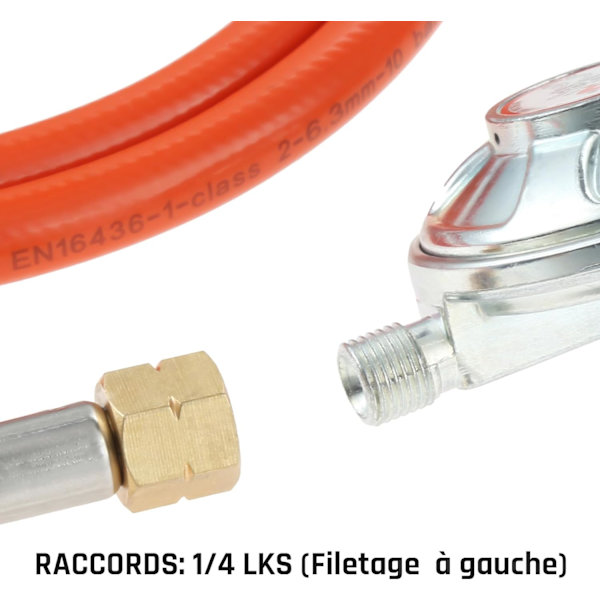 Gassregulator 50 mbar + Gasslange 1m50, tysk standard - 1,5 kg/t 1/4\" LKS