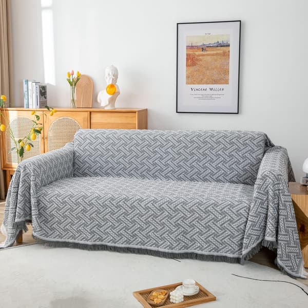 Lysegrå Sofatæppe Vendbart Alsidigt Sofakast Stort Størrelse med Frynser 90x150cm