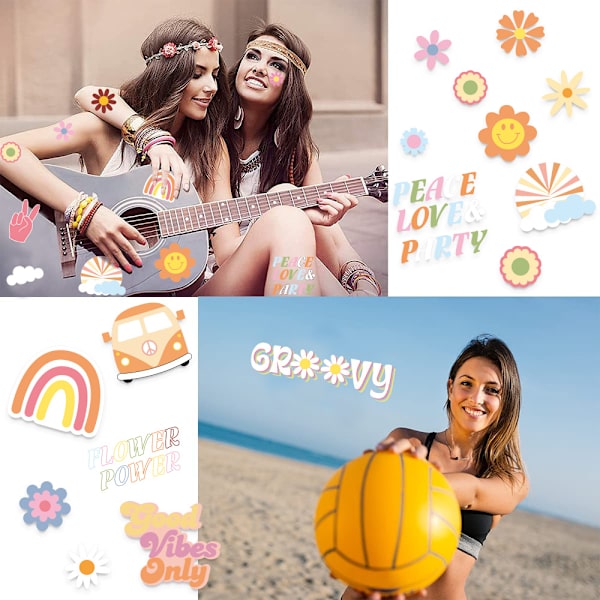 12 ark Hippie midlertidige tatoveringer Trendy Hippie blomst tatovering klistremerke ansiktstatoveringer for voksne og barn Kjærlighet og fredsskilt midlertidig tatovering To Groovy festdekorasjoner Hippie tilbehør