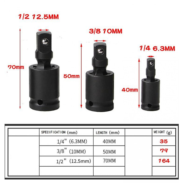 3 stk Impact Gimbals Sett 1/2\" 3/8\" 1/4\" Reduser Adaptere Med Ball Og Spri