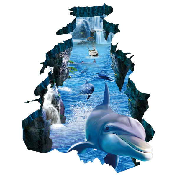 3D Broken Blue Dolphin Ocean World Väggdekaler, naturtrogen istid och Under The