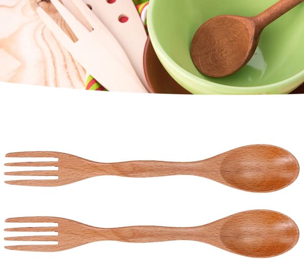 2 i 1 gaffel och sked combo, 2 st träsked gaffel set återanvändbar