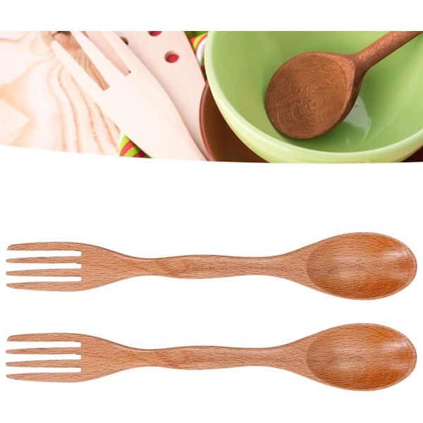 2 i 1 gaffel og ske combo, 2 stk træ ske gaffel sæt genanvendelige