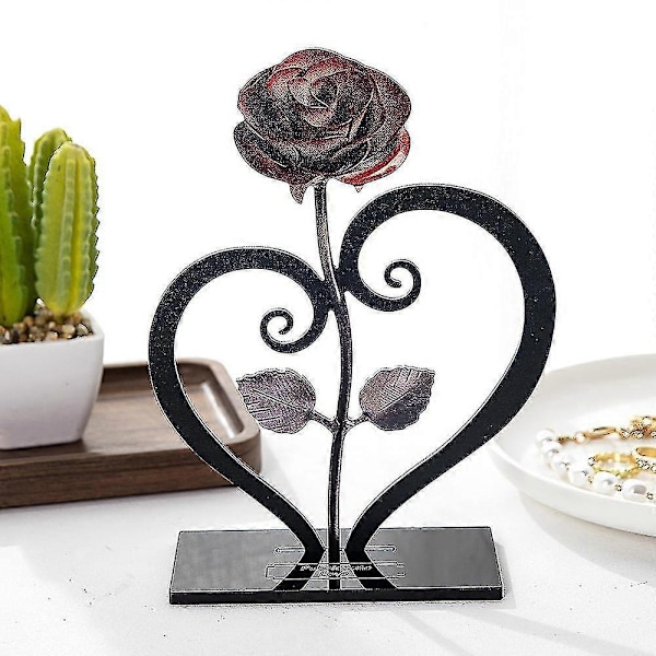 Gave Håndsmedet Jern Rød Metal Rose Med Hjerteformet Stativ