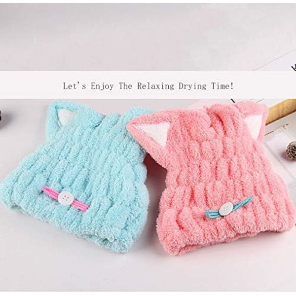 2-pack snabbfintorkande mikrofiberhanddukar för flickor, barnhårhanddukar, söt öroninpackad mössa, badverktyg, hårturban, absorberande torrt hårhuva, lätt sjal, blå och rosa.