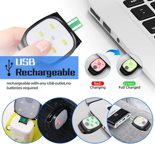 Klips på løpe lys, 2 stk USB oppladbare 4 lysmoduser L
