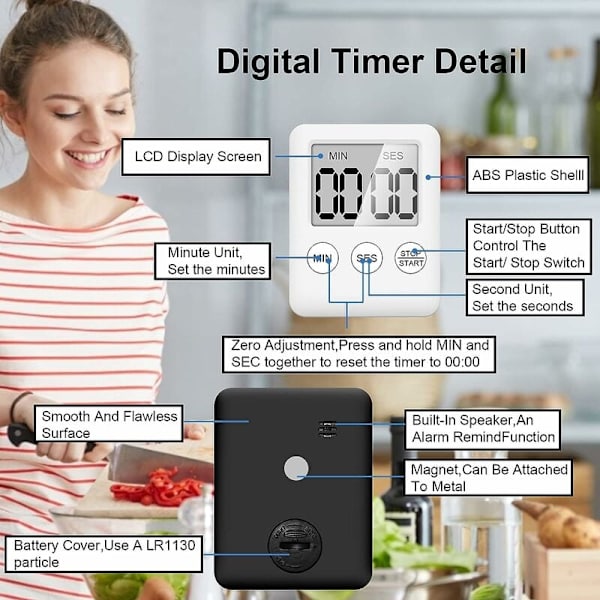 4-pakke kjøkken timere - digital timer med magnet - nedtellingstimer