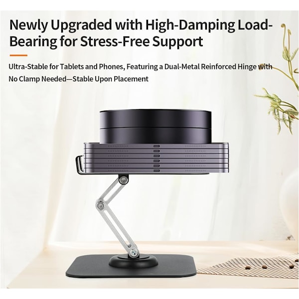 Nettbrettstativ - Justerbart og sammenleggbart skrivebordstilbehør - Universelt skrivebordsstativ - 360° rotasjon med anti-stress effekt - Svart aluminium