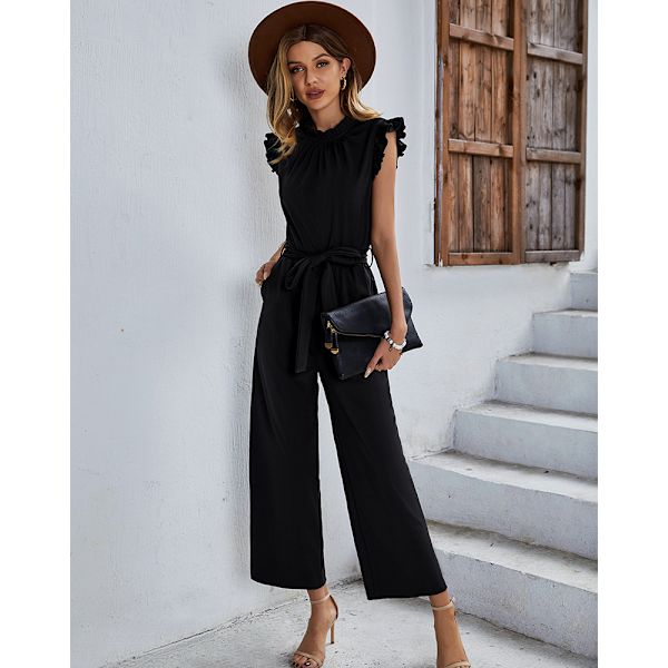 Womens Casual Short Sleeve Jumpsuits Elastic Waist Jumpsuit with