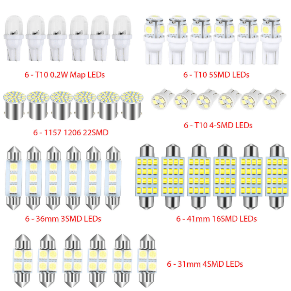 42 delar bil LED-ljus, bilinredning mini lampsats T10 bredd in