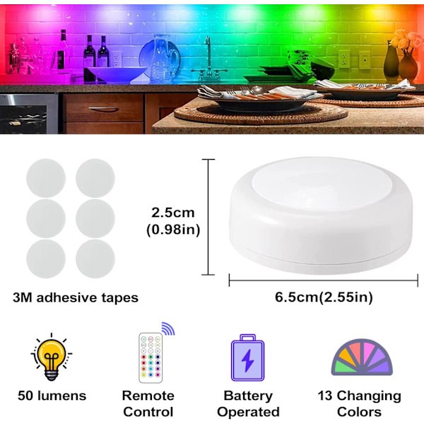 LED-puckljus med trådlös fjärrkontroll, 13 färger RGB justerbar down cabinet Light, batteridriven färgväxlingsljus, festatmosfärsljus för köksskåp rum