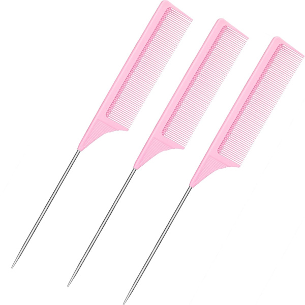 3-pakke rottehalekam i stål, nål, rottehale i karbonfiber, varmebestandig fiskekam med nål i rustfritt stål (rosa)