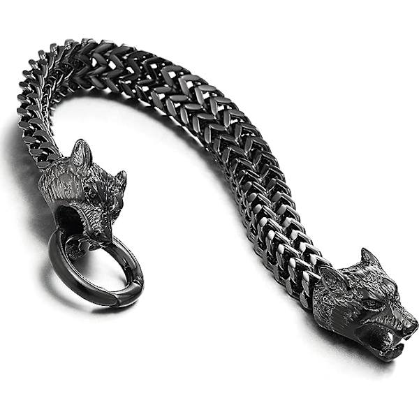 Herrar Rostfritt Stål Varg Huvud Franco Länk Kedja Armband med Fjäderring Spänne 8.7\", Rostfritt Stål