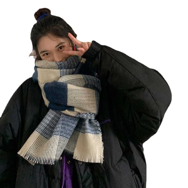 Lang Blød Varmt Vinter Sjal Blå Tartan Plaid til Kvinder Piger (200*70cm)