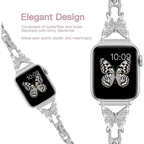 Apple Watch-rem 38mm 40mm 41mm, lett for kvinner, enkel justerbar armbånd, skinnende diamant på sommerfugl, smykke i metallrem for iWatch Series 7 6 5 4 3 2 1 SE (sølv)