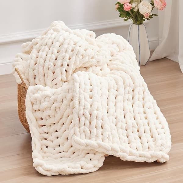 Kraftig Strikket Plaidd, 60*80cm Strikkede Plaider til Seng Sofa, Håndlavet Tyk Creme Hæklet Plaidd Stor Tyk Plaidd, Maskinvaskbar