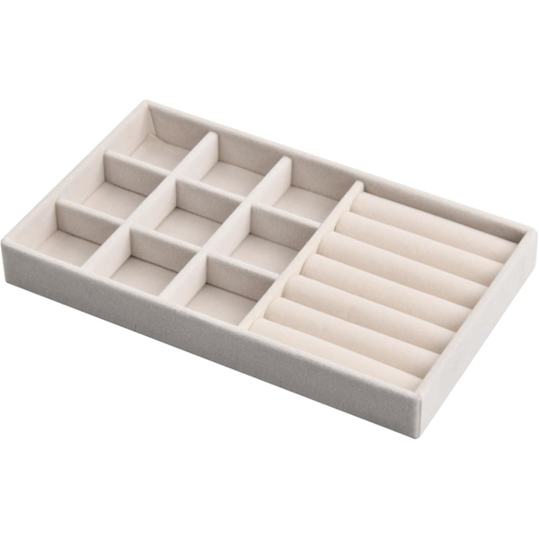 Beige Sammets Smyckesbricka med 9 Fack, 21x12.3x2.5cm, Stapelbar Smyckesorganisator med Fack, Smyckesbrickor Presentation Låda, Display Box