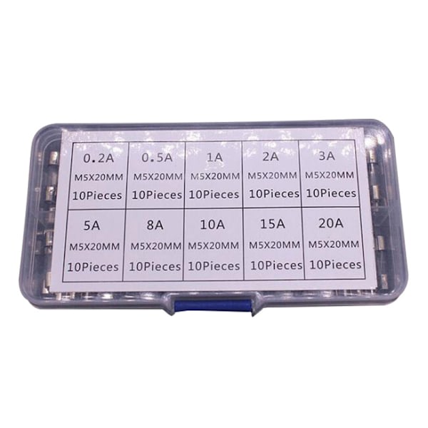 100 kpl Nopeapaloiset Lasisuojat, 5 x 20mm 250V Lasisuojien Valikoima 0,2A, 0,5A, 1A, 2A, 3A, 5A, 8A, 10A, 15A, 20A, Nopeapaloiset Lasisuojat Kotisovelluksiin