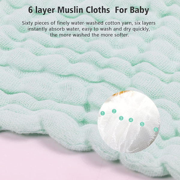 10 stk. Baby Muslin Vaskeklude, 100% Økologisk Bomuld, Genanvendelige Baby Ansigtshåndklæder, 30 x 30 cm Ekstra Bløde Vaskbare Vaskeklude til Nyfødt Hud (Grøn)