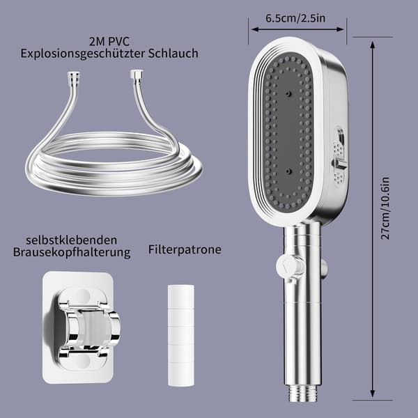 Vandsparende brusehoved med 2m slange, brusehoved med filter, tryk S